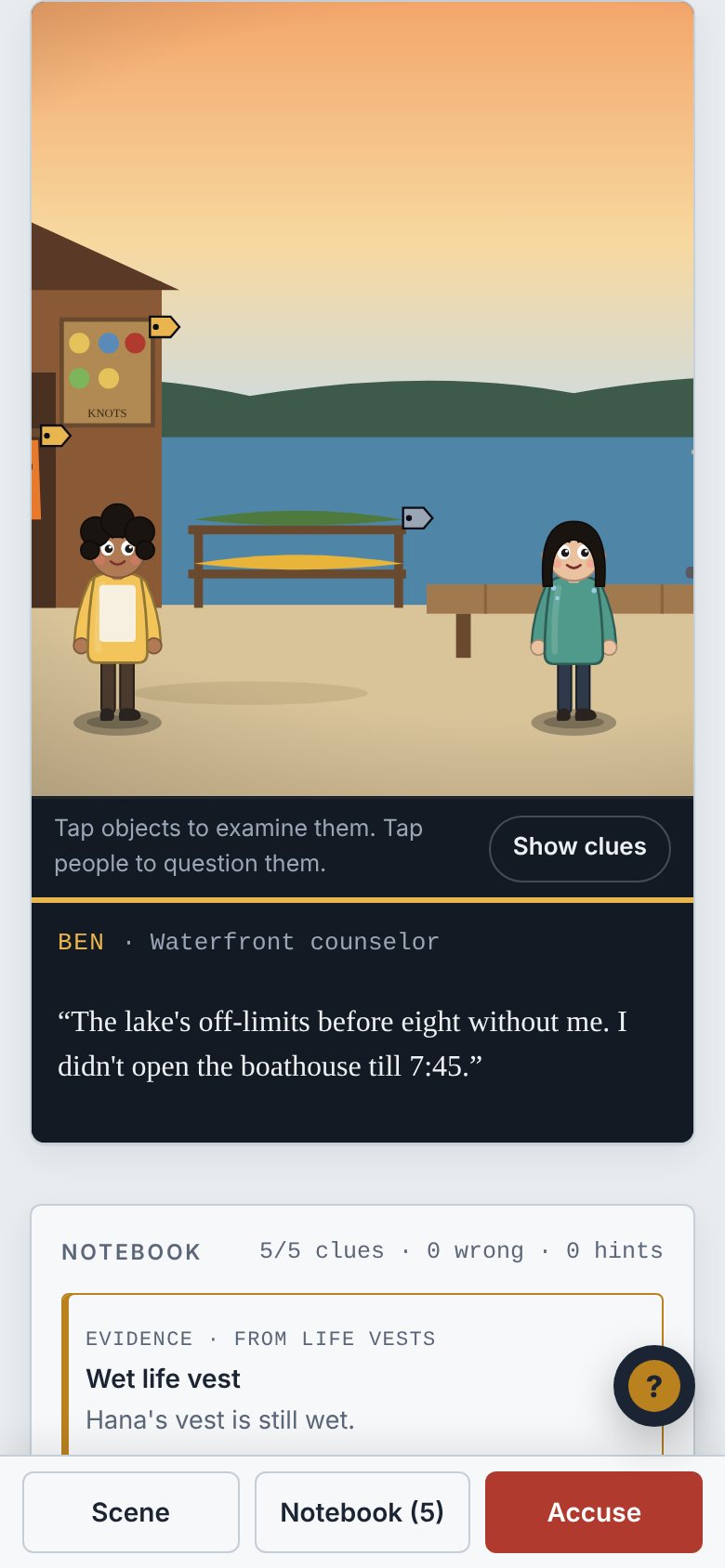 Phone screen: a lakeside camp scene with a counselor speaking