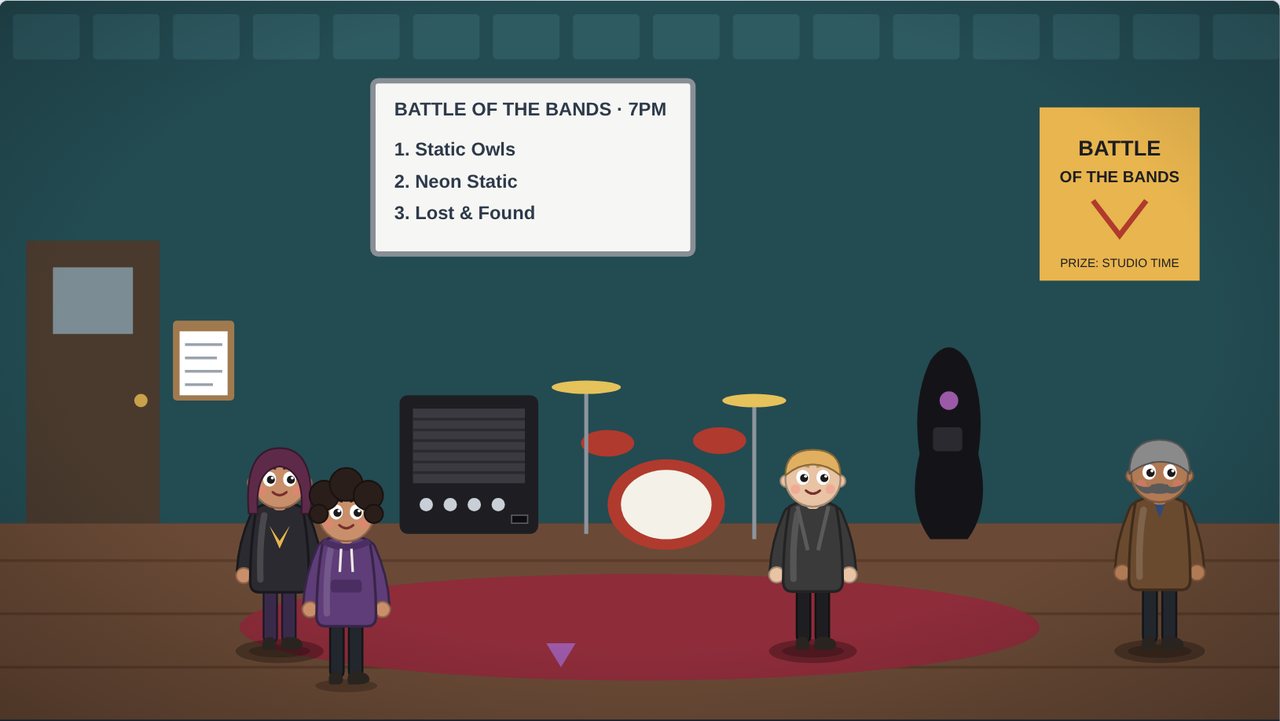 A high school music room set up for a battle of the bands